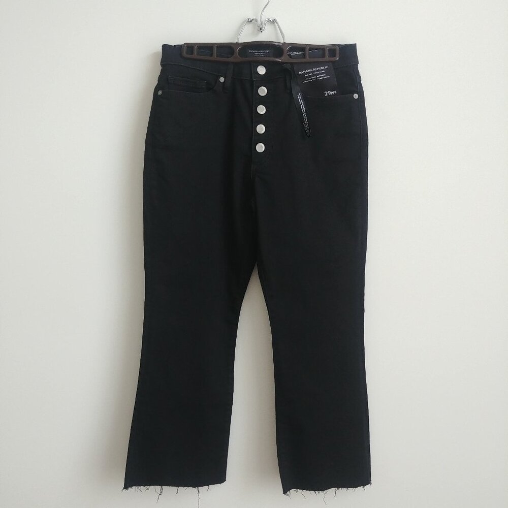 NEW Banana Republic Mid Rise Crop Flare black raw hem button fly cropped jeans